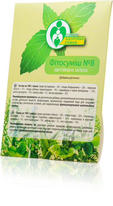 Фітозбір № 8. Нормалізація функцій щитовидної залози
Склад:  Трава собачої кропиви, плоди глоду, ламінарія, плоди горобини чорноплідної, корінь і кореневища валеріани, квіти календули, корінь лепехи, листя кропиви.

Рекомендується як загальнозміцнюючий, заспокійливий засіб, що сприяє регулюванню діяльності щитовидної залози.

Показання:  функціональні та органічні порушення щитовидної залози.

Механізм дії:  покращує нейроендокринну регуляцію та загальні обмінні процеси в організмі, сприяє функціональному відновленню клітин щитовидної залози та регулюванню гормонального фону, використовується як при гіпо – так і при гіперфункції щитовидної залози.