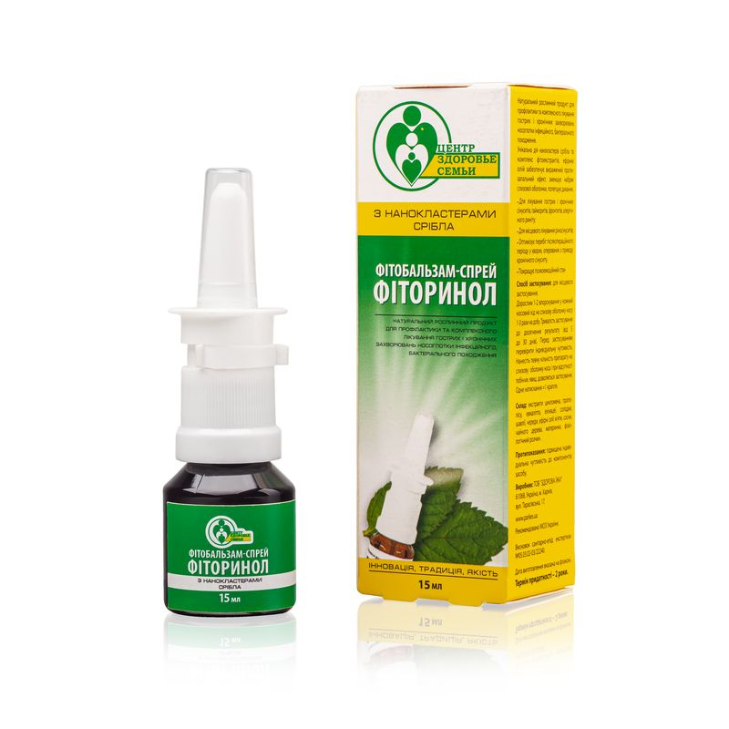 ФІТОРИНОЛ
Склад:  екстракт цикламена європейського, екстракт прополісу, екстракт евкаліпта, екстракт ехінацеї, солодки, шавлії, чебрецю ефірна олія: м'яти, сосни, чайного дерева, материнки, фізіологічний розчин.
Натуральний рослинний продукт для профілактики та комплексного лікування гострих та хронічних захворювань носоглотки інфекційного, вірусного, грибкового та бактеріального походження. Спрей виготовлений переважно на основі фізіологічного розчину в поєднанні з комплексом фітоекстрактів, ефірних олій забезпечує протизапальний ефект, зменшує набряк слизової оболонки, полегшує дихання, має виражену протиалергічну дію.

Показання:

Для лікування гострих та хронічних синуситів, гайморитів, фронтитів, алергічного риніту, риносинуситів.
Оптимізує перебіг післяопераційного періоду у хворих, оперованих з приводу хронічного синуситу; має десенсибілізуючу дію.
Покращує психоемоційний стан, сприяє зменшенню головного болю. Сприяє протизапальній дії при отитах та тонзилітах.