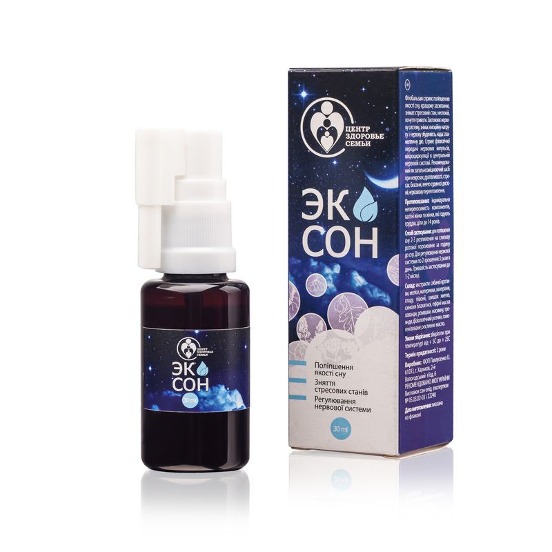 ЕКОСОН
Склад:  екстракти: собача кропива, меліси, материнки, валеріани, глоду, півонії, шишок хмелю, синюхи блакитної, ефірні олії: лаванди, ромашки, жасмину, троянди; фізіологічний розчин, гомогенізована рослинна олія.
Фітобальзам сприяє покращенню якості сну, кращому засинанню, знімає стресовий стан, занепокоєння, відчуття тривоги. Заспокоює нервову систему, знімає емоційну напругу та нервову збудливість, має спазмолітичну дію. Сприяє фізіологічній передачі нервових імпульсів, мікроциркуляції у центральній нервовій системі. Рекомендований як загальнозміцнюючий засіб при неврозах, дратівливості, стресах, безсонні, вегетосудинній дистонії, нервовій перевтомі.